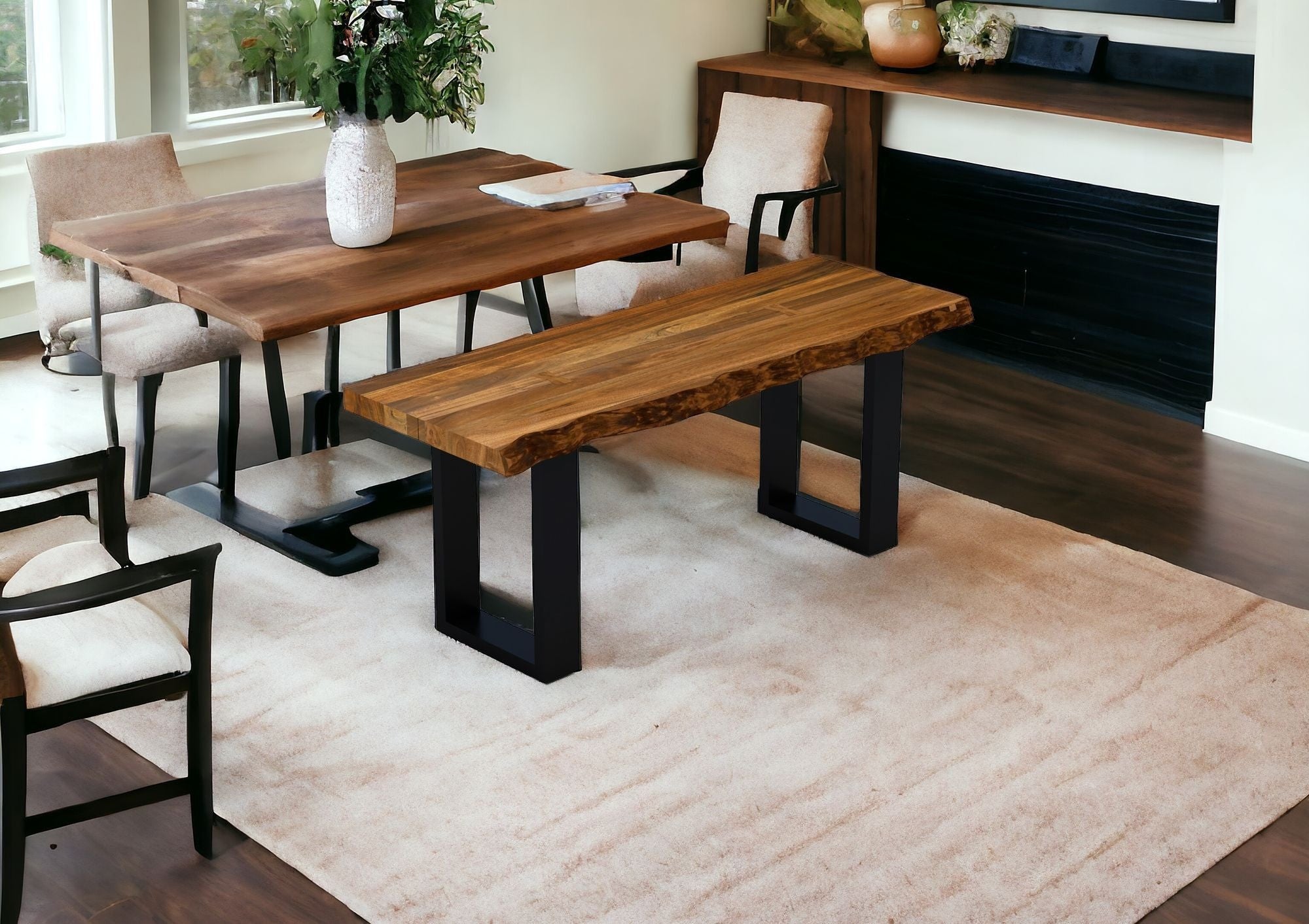 43" Brown and Black Solid Wood Dining Bench