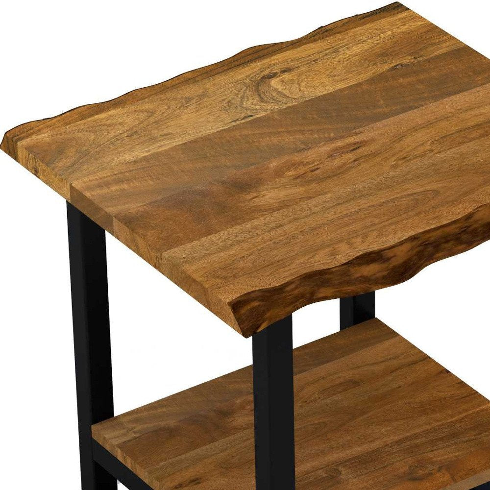 24" Brown And Black Solid Wood And Iron Square Frame End Table With Shelf