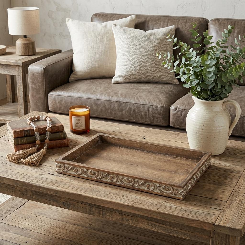 17" Brown Distressed Finish Wood Tray With Side Carvings