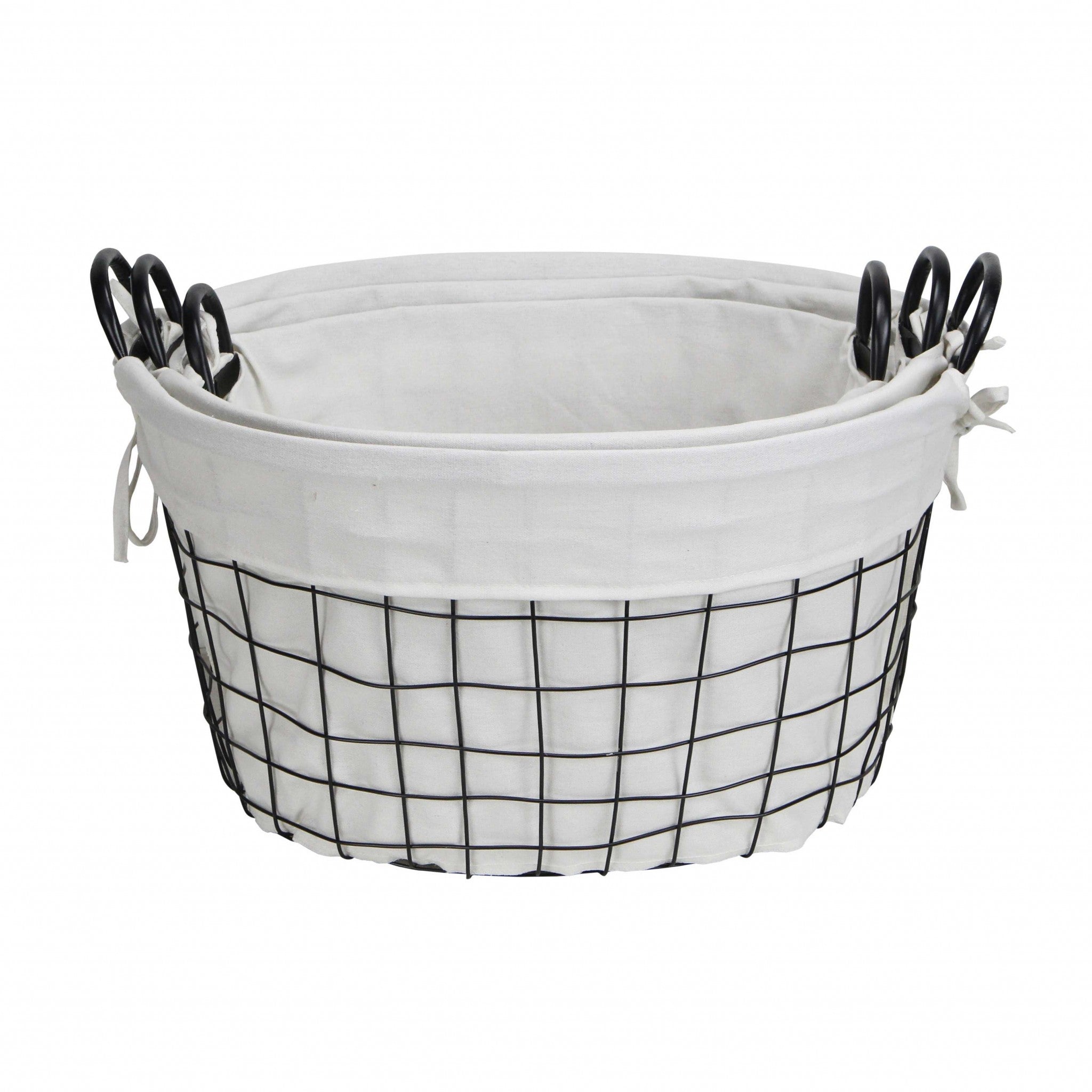 Set Of Three Black Oval Wire Baskets with White Fabric Liners and Handles