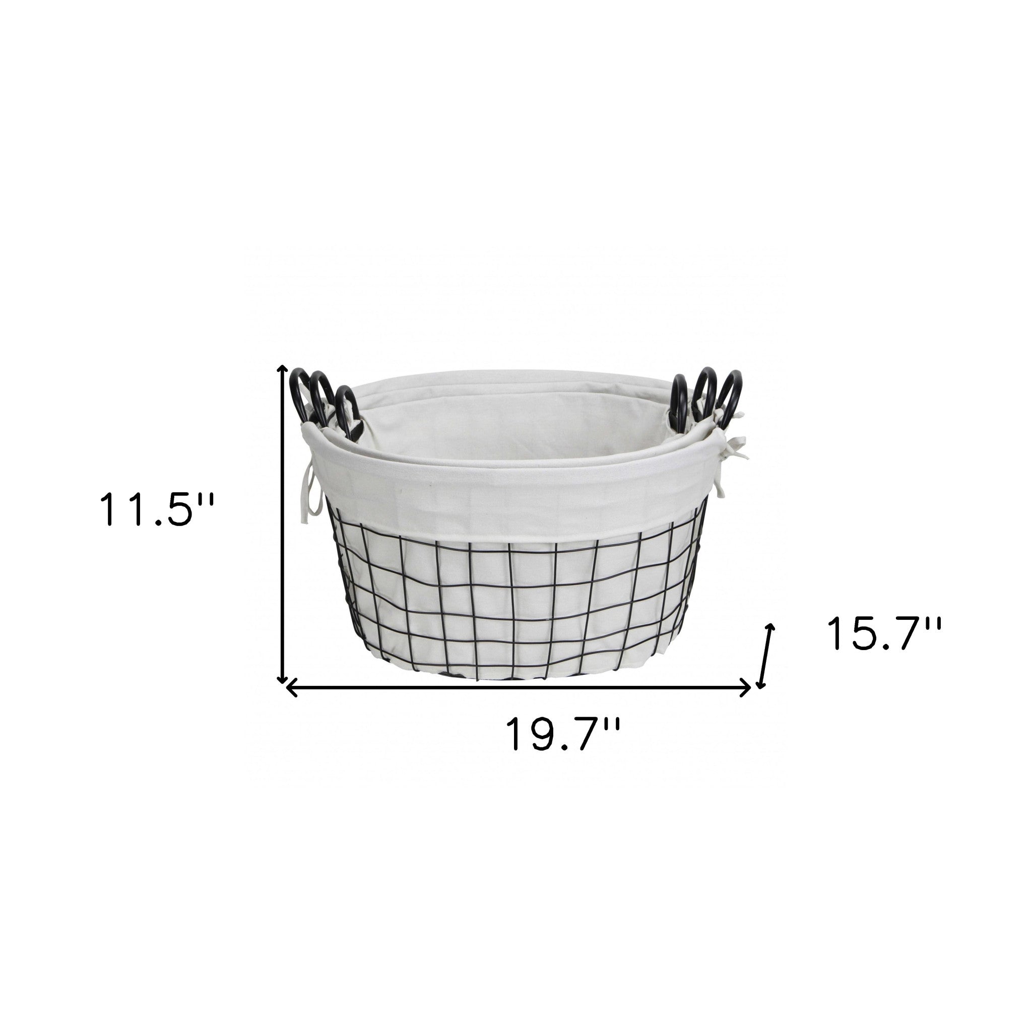 Set Of Three Black Oval Wire Baskets with White Fabric Liners and Handles