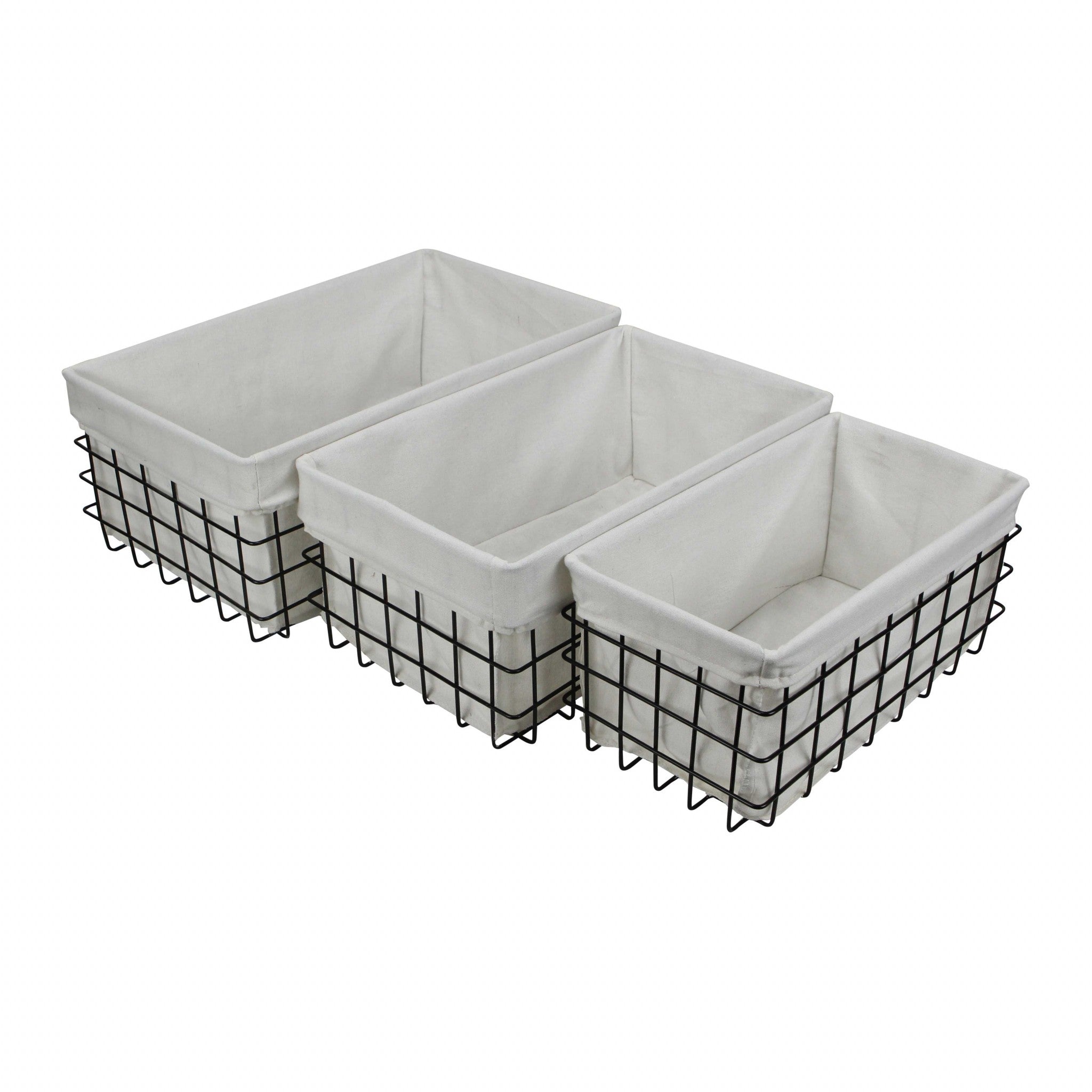 Set Of 3 Rectangular White Lined And Metal Wire Baskets
