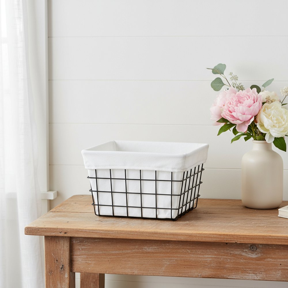 13" Black And White Fabric And Metal Basket