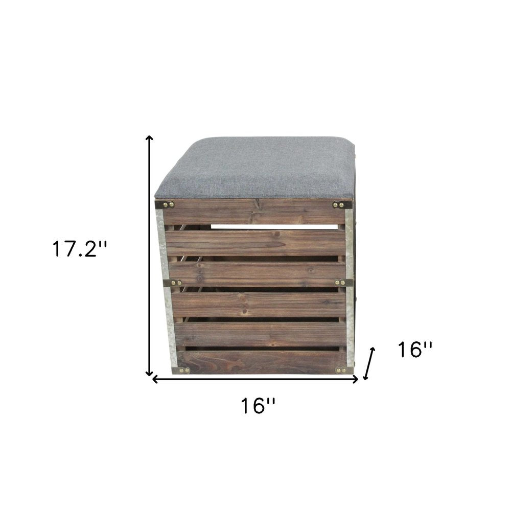 Set Of 2 Square Gray Linen Fabric And Wood Slats Storage Benches