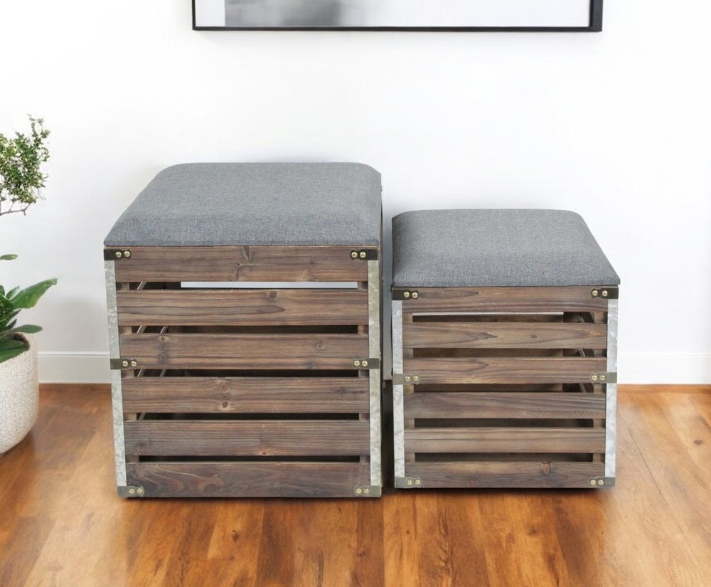 Set Of 2 Square Gray Linen Fabric And Wood Slats Storage Benches