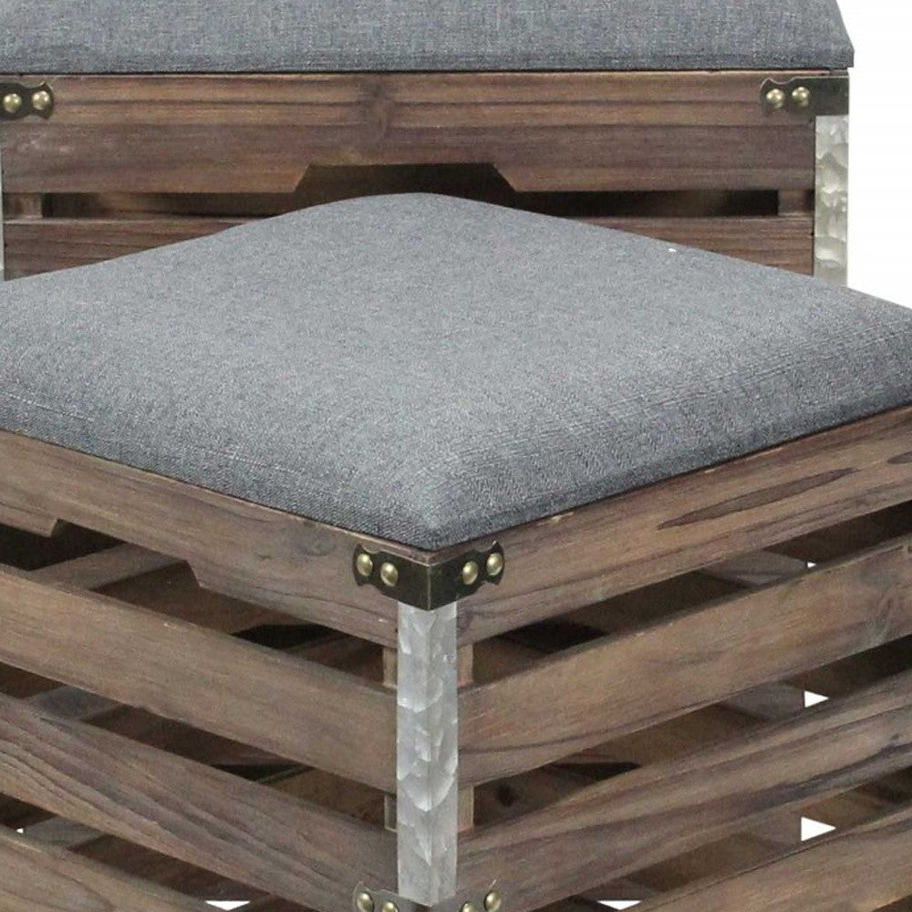 Set Of 2 Square Gray Linen Fabric And Wood Slats Storage Benches