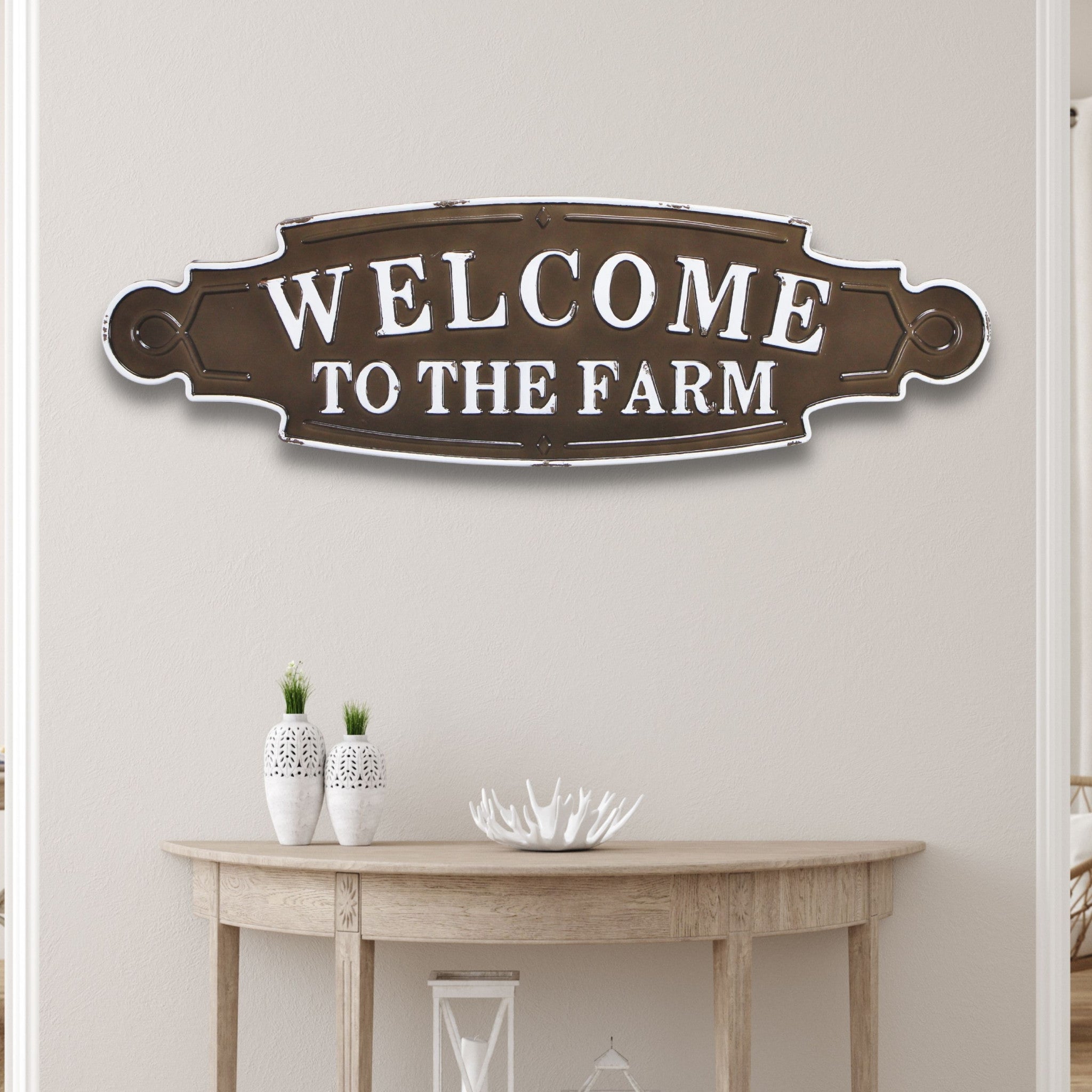 Welcome To The Farm Lacquered Black And White Metal Wall Art