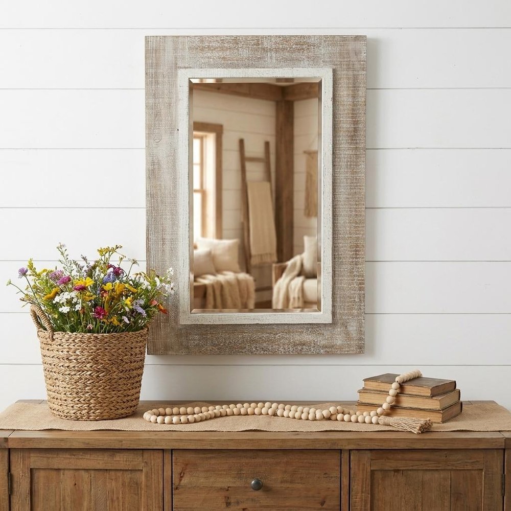 27" Natural And White Solid Wood Framed Accent Mirror