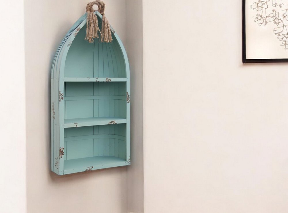 34" Aqua Blue Wood Canoe Hanging Shelf