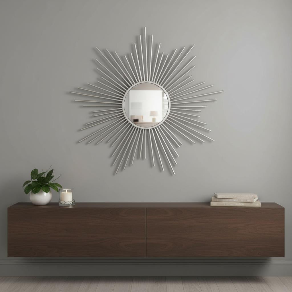 32" Silver Metal Sunburst Framed Accent Mirror