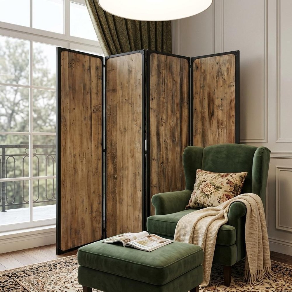 84" Brown Solid Wood Folding Four Panel Screen Room Divider