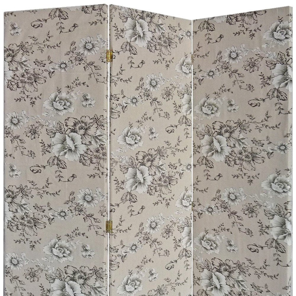 71" Beige and Black Fabric Folding Three Panel Screen Room Divider
