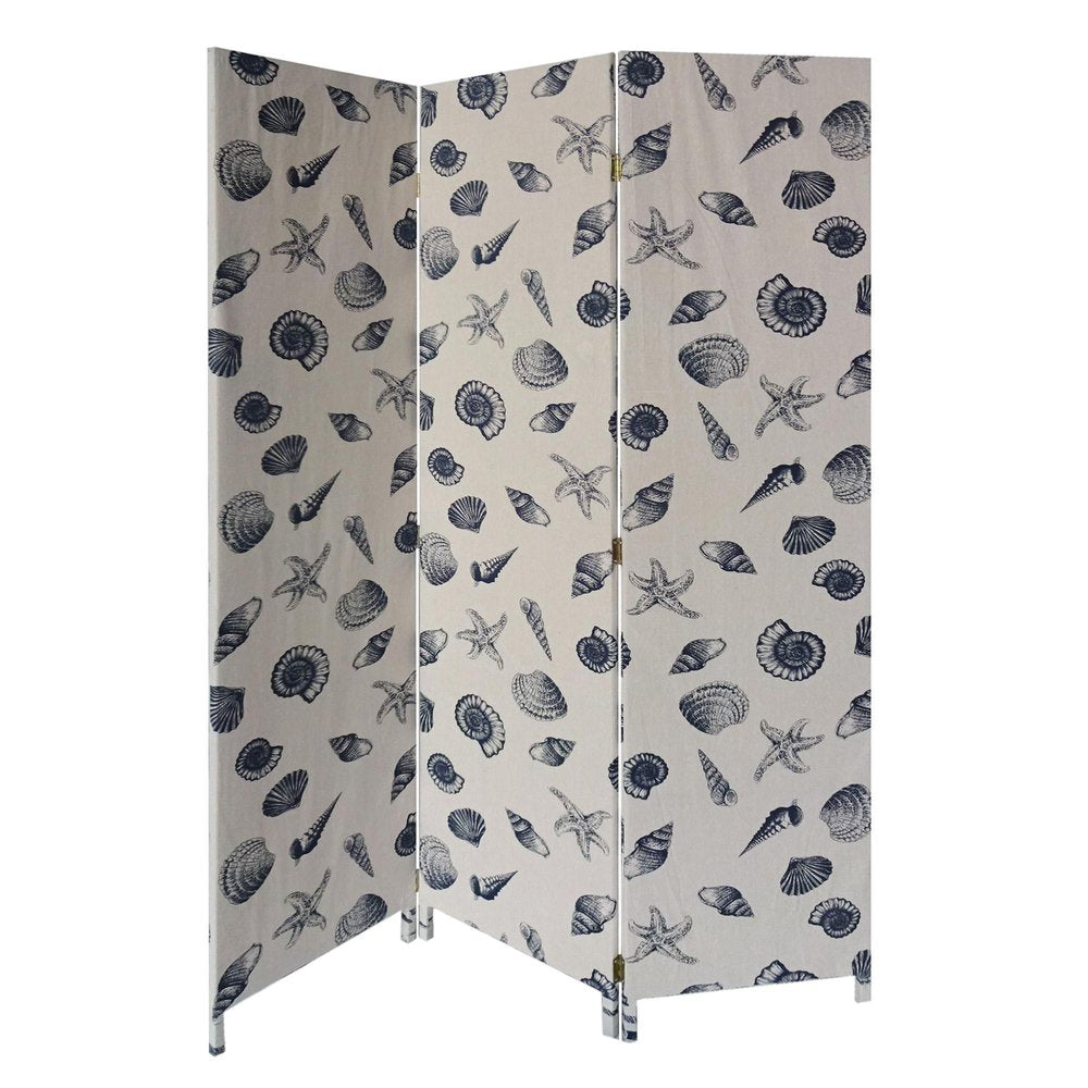 71" Blue and Beige Fabric Folding Three Panel Screen Room Divider