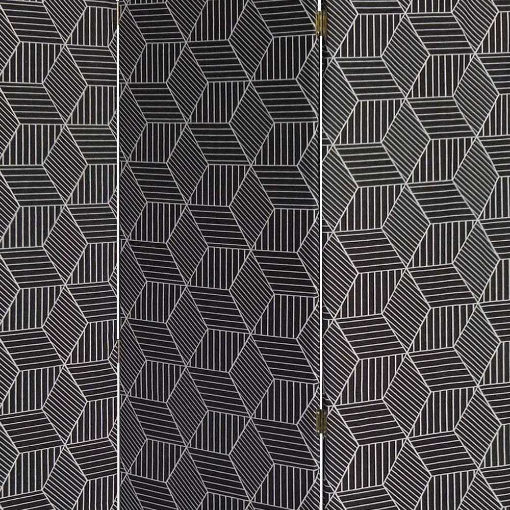 71" Black and White Fabric Folding Three Panel Screen Room Divider