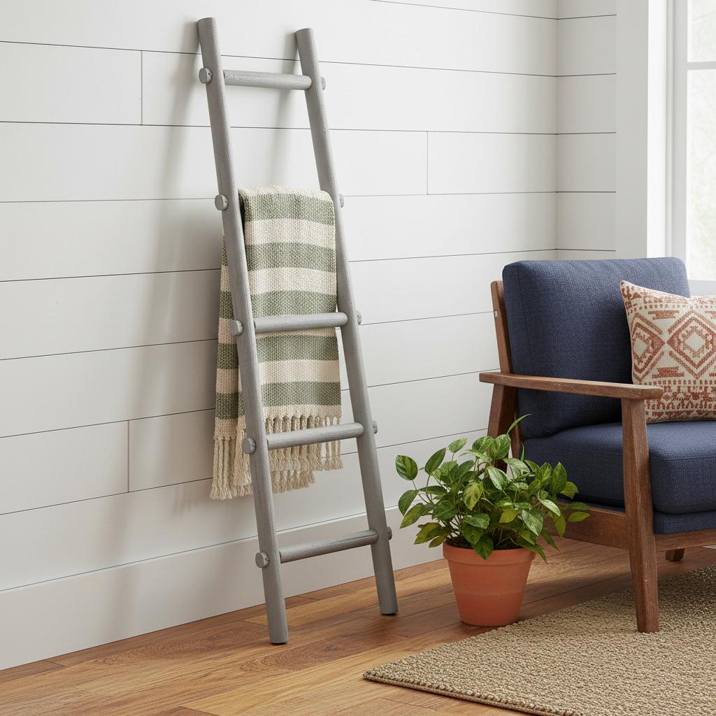 59" Gray Distressed Solid Wood Five Step Ladder Shelf