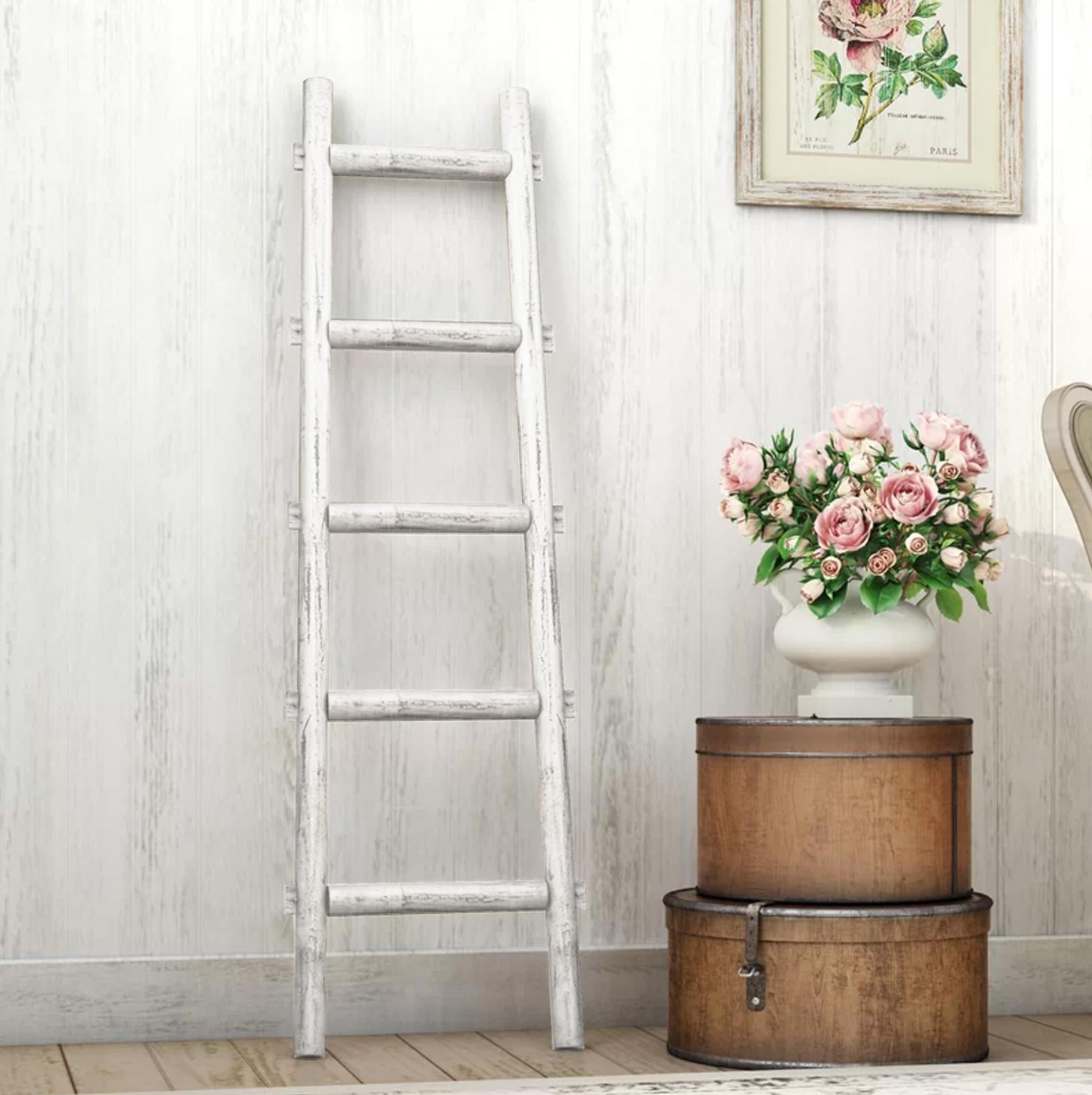 59" White Distressed Solid Wood Five Step Ladder Shelf