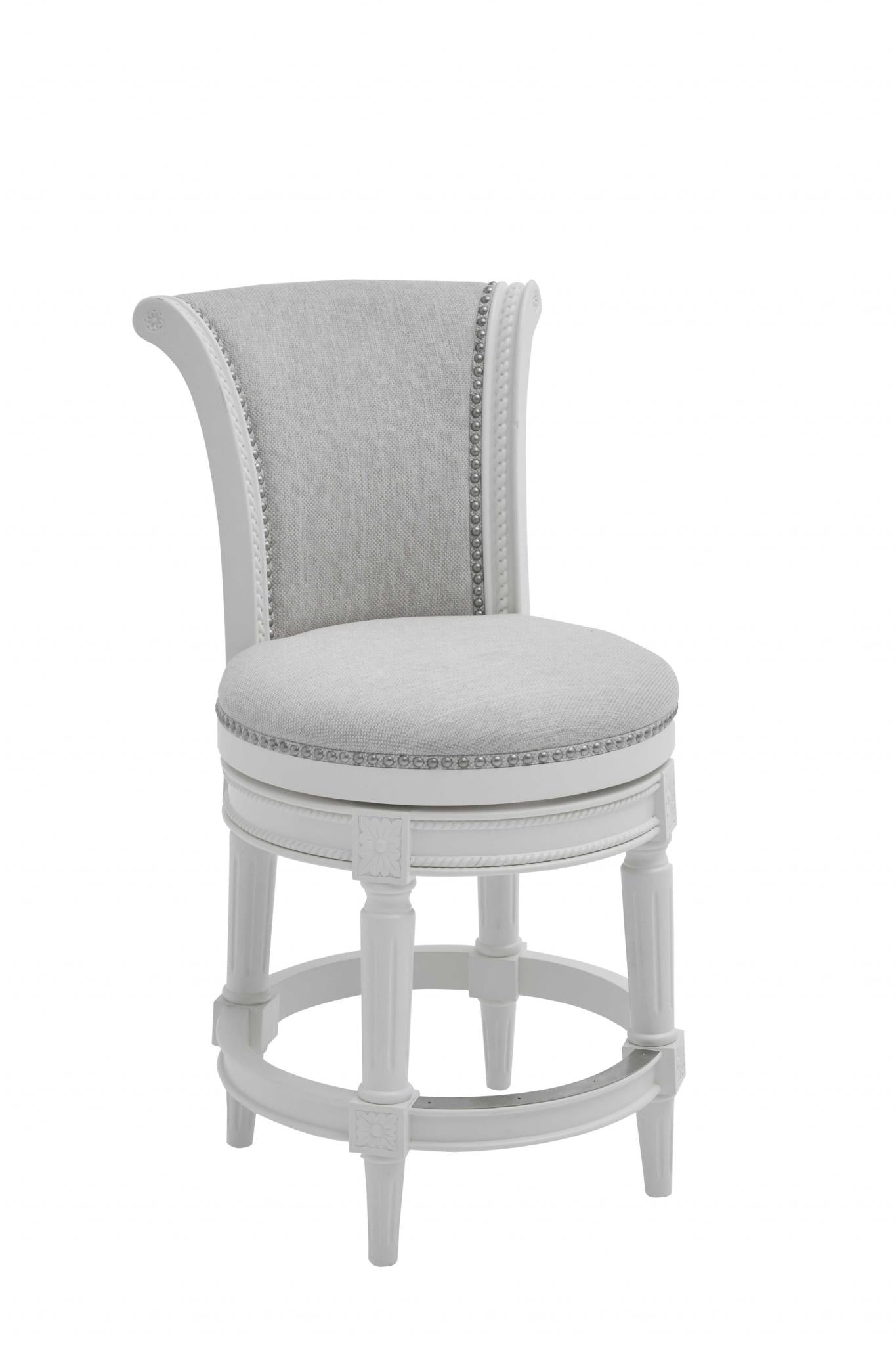 39" Light Gray And White Fabric And Linen And Wood Counter Height Swivel Bar Chair