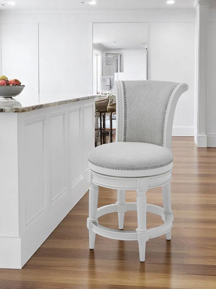 39" Light Gray and White Fabric Counter Height Swivel Bar Chair