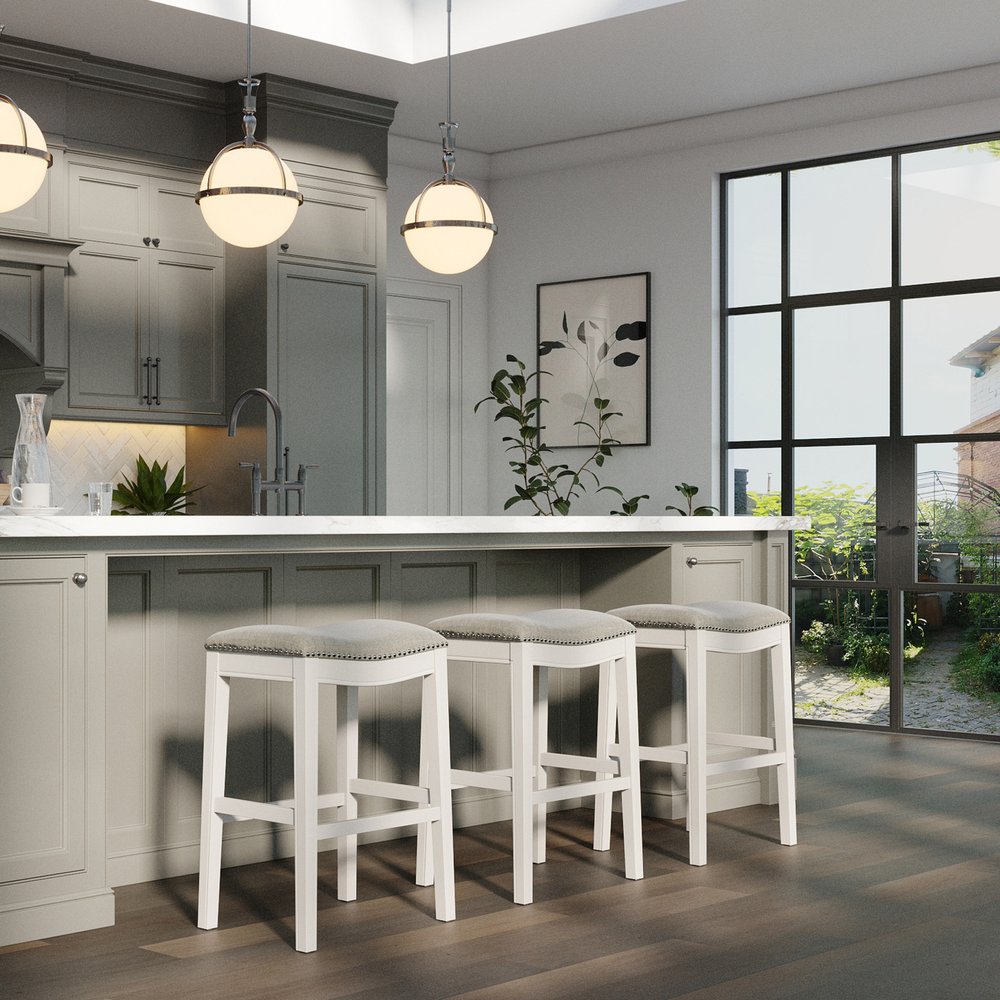 31" Light Gray And White Upholstered And Solid Wood Backless Bar Height Bar Chair