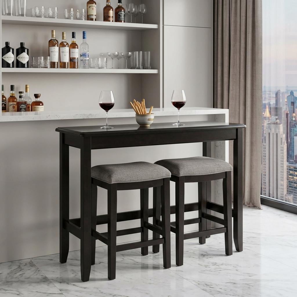 Set of Two 27" Light Gray And Dark Brown Fabric And Solid Wood Backless Bar Chairs