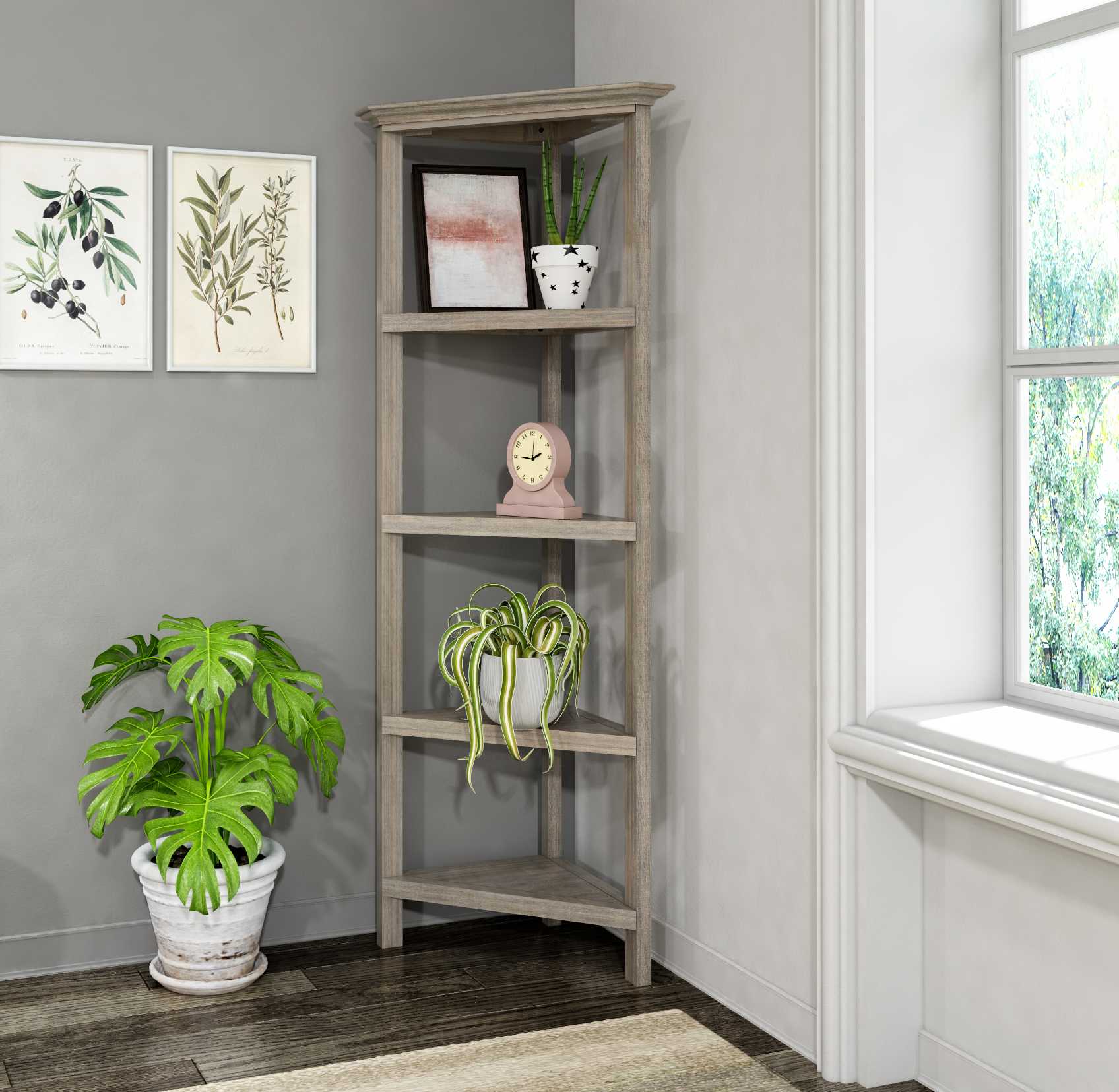 60" Washed Grey Solid Wood Corner Bookcase