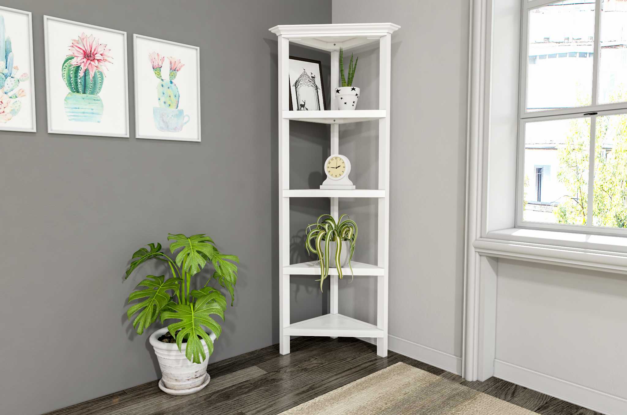 60" White Solid Wood Corner Bookcase