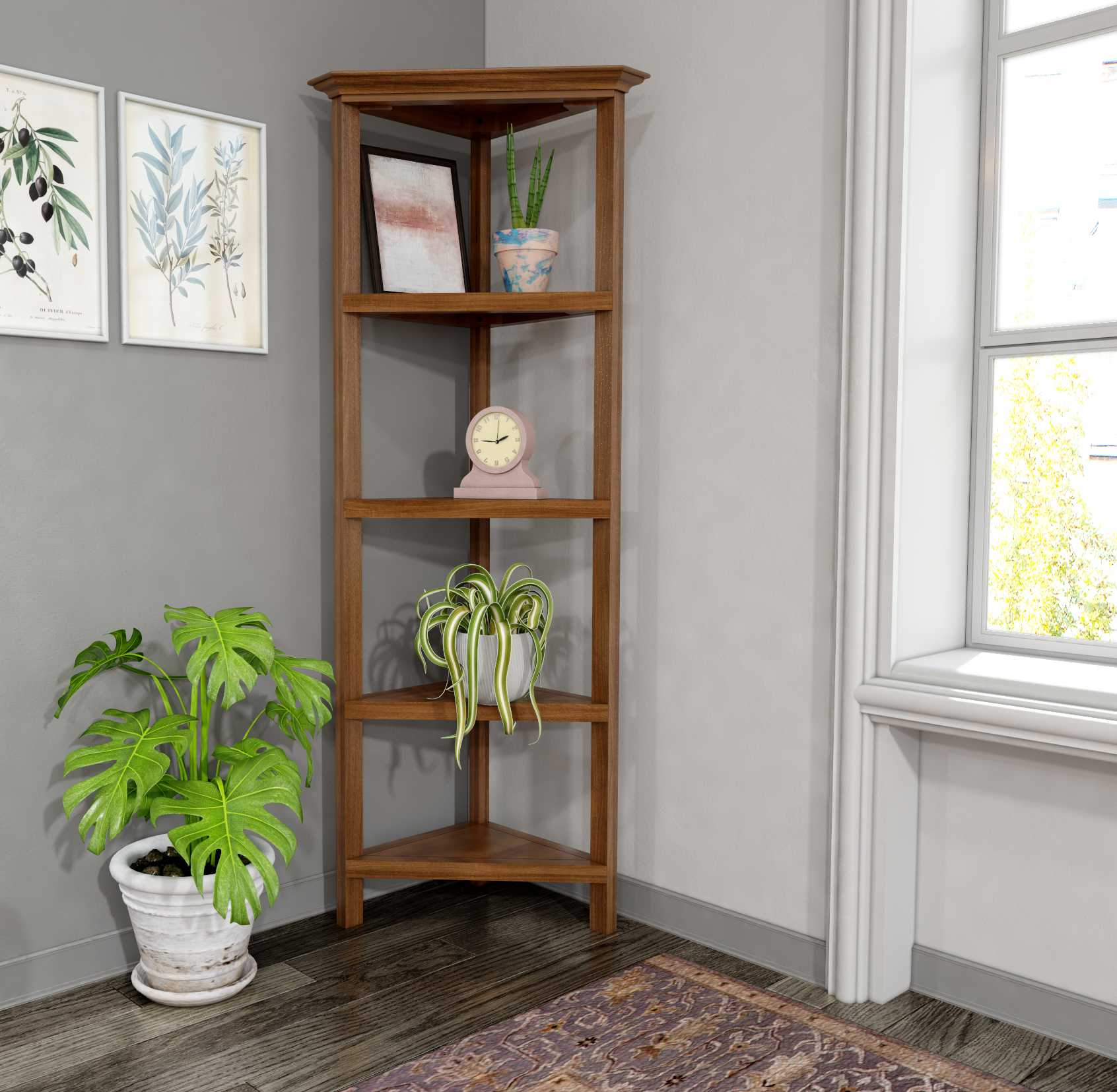 60" Walnut Solid Wood Four Tier Corner Bookcase