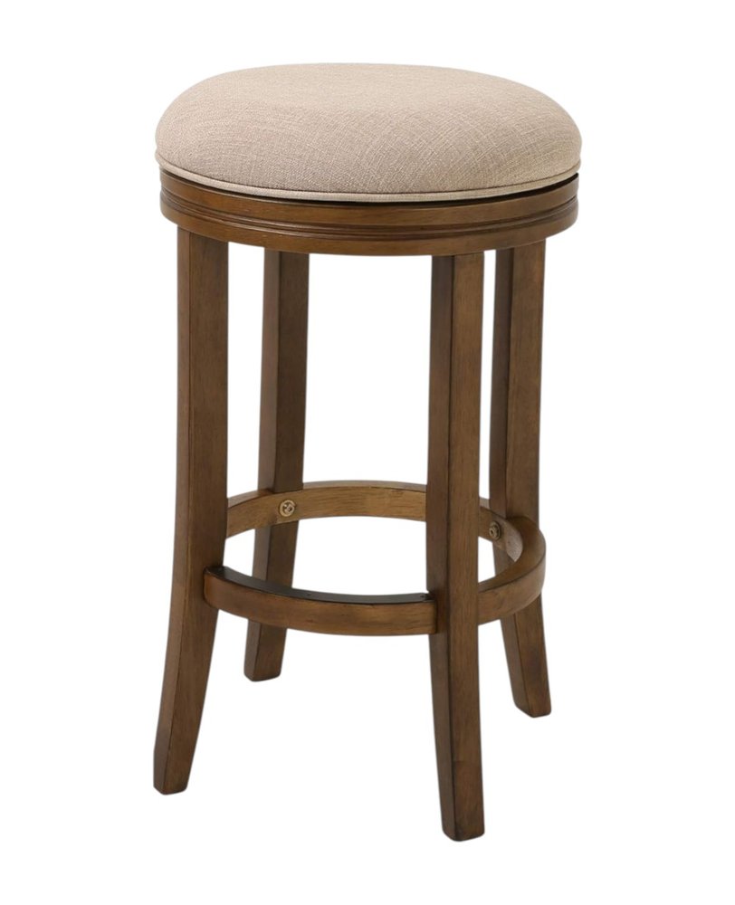25" Cream and Brown Fabric and Solid Wood Backless Counter Height Swivel Bar Chair