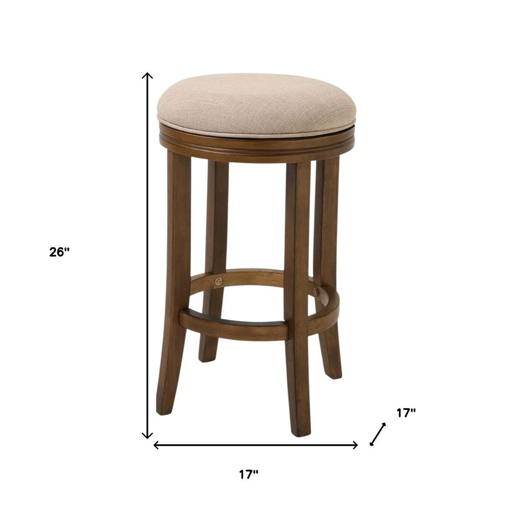 25" Cream and Brown Fabric and Solid Wood Backless Counter Height Swivel Bar Chair