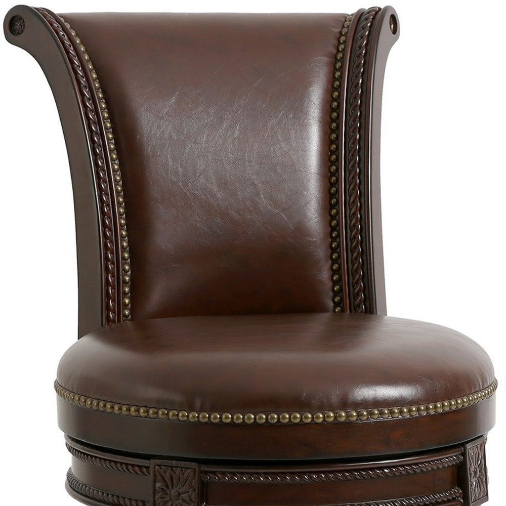 25" Dark Brown Faux Leather And Solid Wood Counter Height Swivel Bar Chair