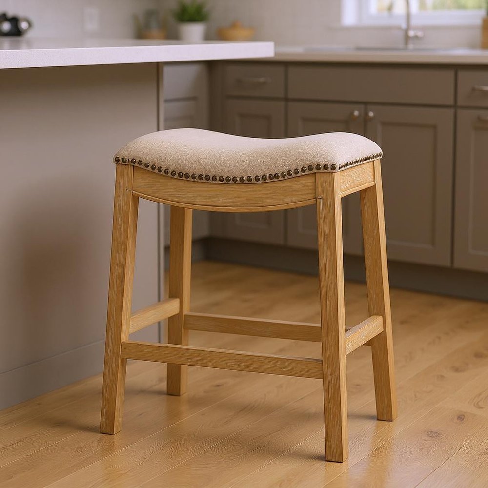 26" Cream and Wood Brown Fabric and Solid Wood Backless Counter Height Bar Chair