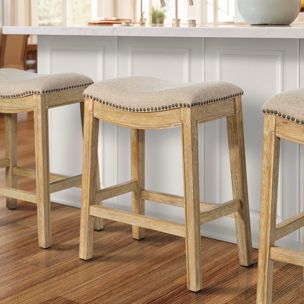 26" Cream and Wood Brown Fabric and Solid Wood Backless Counter Height Bar Chair