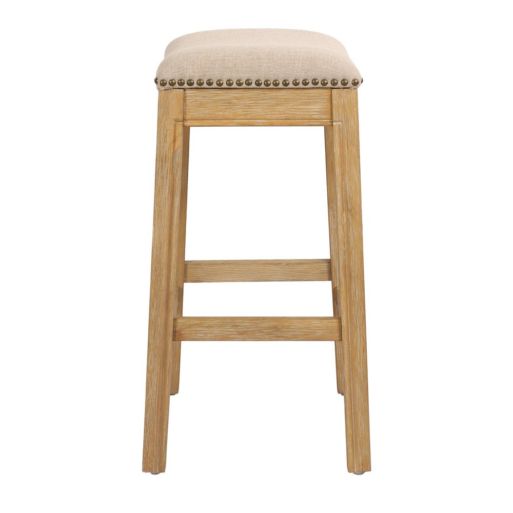 26" Cream and Wood Brown Fabric and Solid Wood Backless Counter Height Bar Chair
