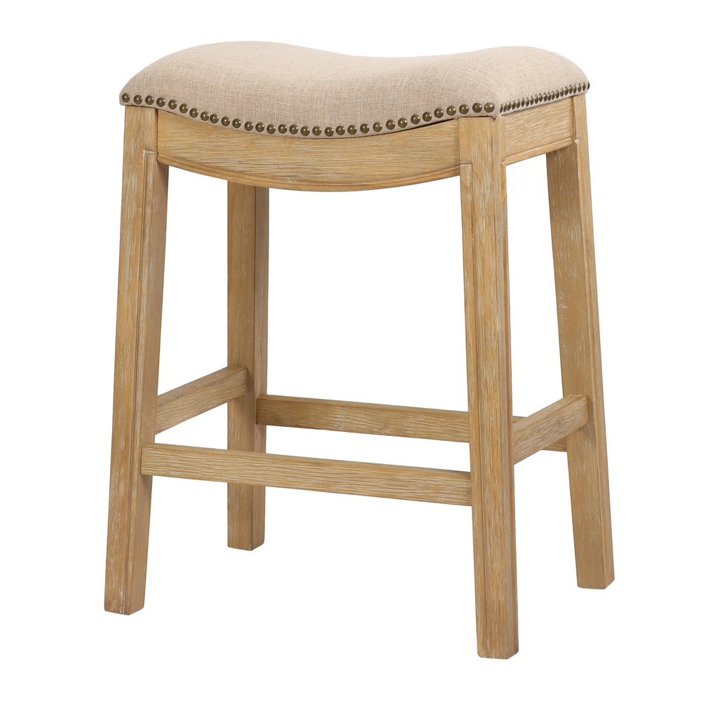 26" Cream and Wood Brown Fabric and Solid Wood Backless Counter Height Bar Chair