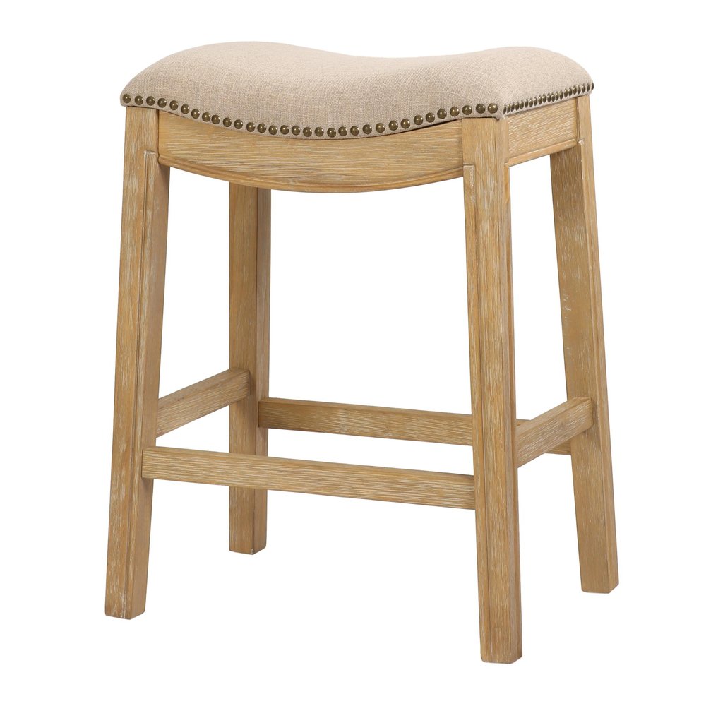 26" Cream and Wood Brown Fabric and Solid Wood Backless Counter Height Bar Chair