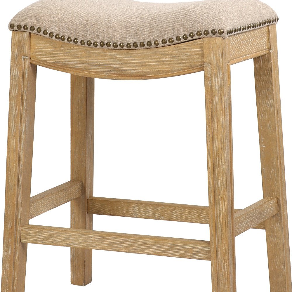26" Cream and Wood Brown Fabric and Solid Wood Backless Counter Height Bar Chair