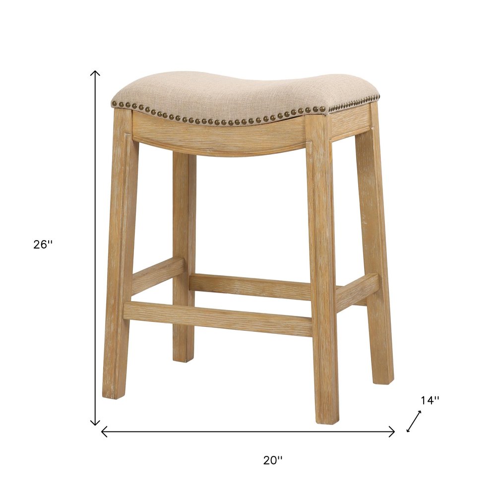 26" Cream and Wood Brown Fabric and Solid Wood Backless Counter Height Bar Chair