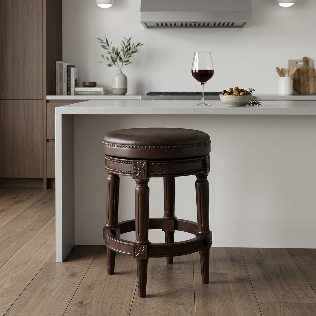 26" Dark Brown And Brown Faux Leather And Wood Backless Counter Height Swivel Bar Chair
