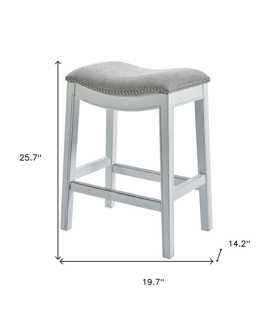 26" Gray and White Solid Wood and Linen Blend Backless Counter Height Bar Chair