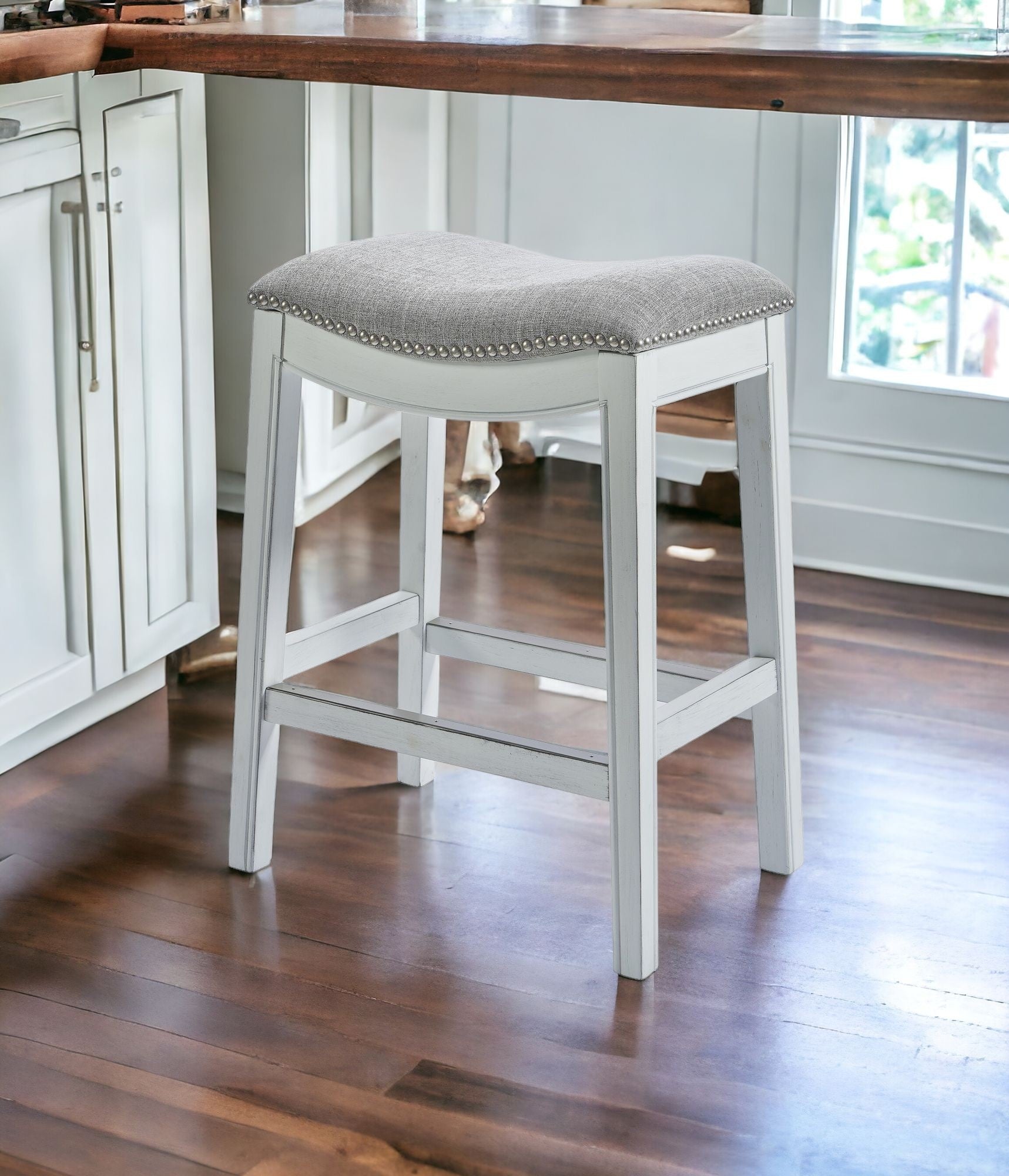 26" Gray And White Solid Wood Backless Counter Height Bar Chair