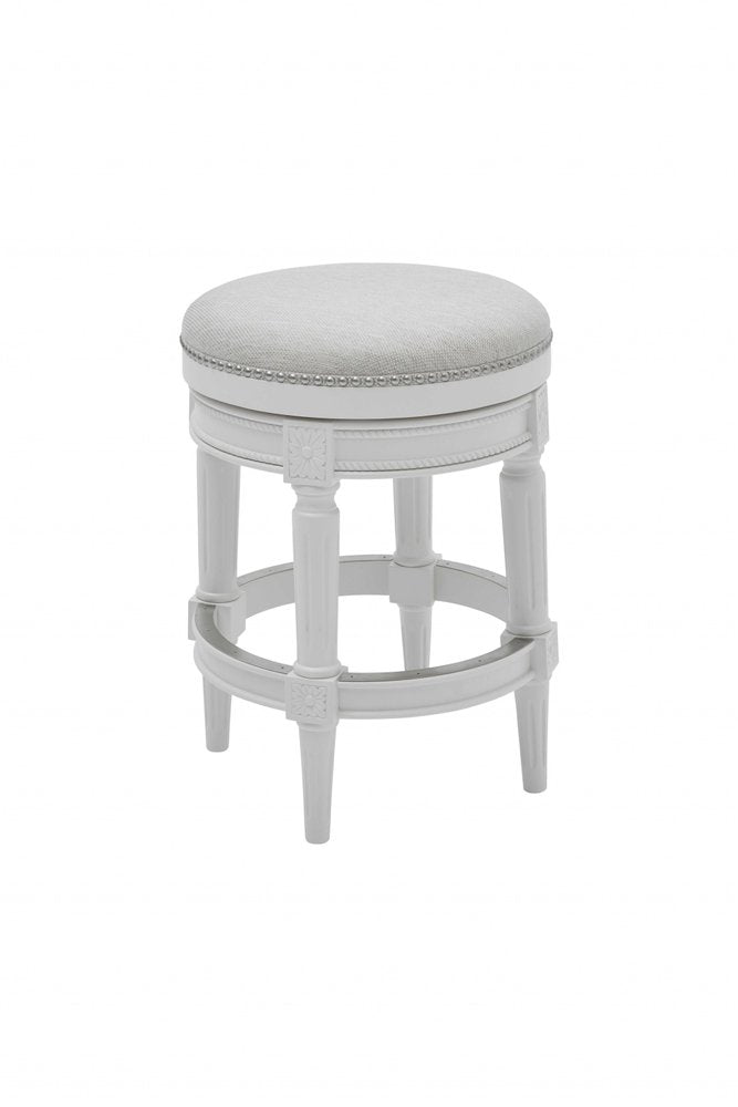 26" White Solid Wood and Fabric Backless Counter Height Swivel Bar Chair