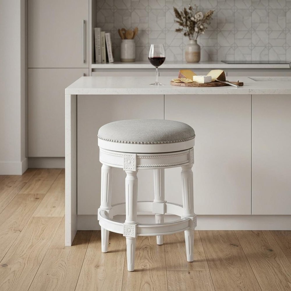 26" White Solid Wood and Fabric Backless Counter Height Swivel Bar Chair