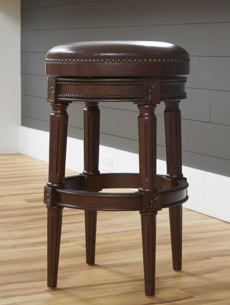 31" Brown Faux Leather And Solid Wood Backless Counter Height Swivel Bar Chair