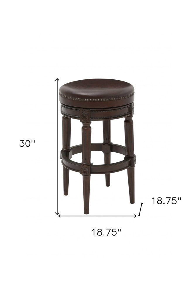 31" Brown Faux Leather And Solid Wood Backless Counter Height Swivel Bar Chair