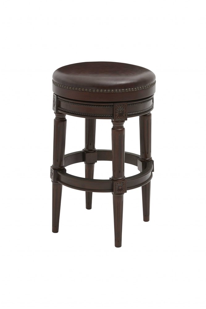 31" Brown Faux Leather and Solid Wood Backless Counter Height Swivel Bar Chair