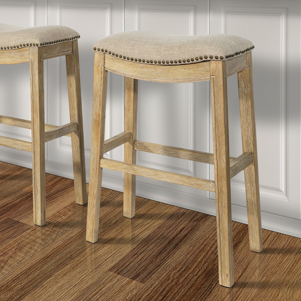 31" Linen and Natural Solid Wood Backless Bar Height Bar Chair