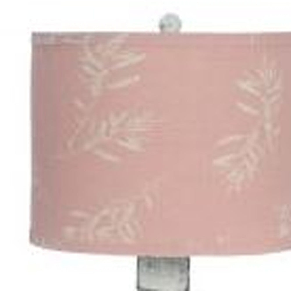 Distressed White Table Lamp With Olive Branch Pink Shade