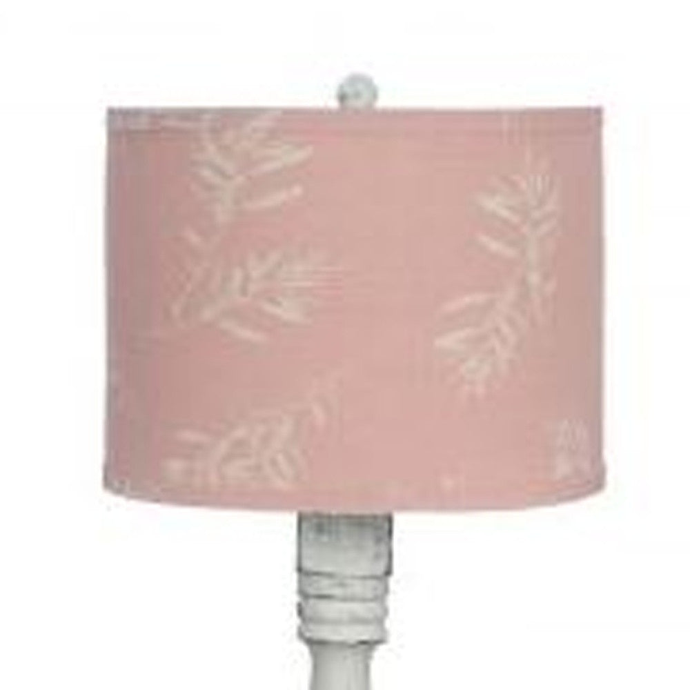 Distressed White Table Lamp With Olive Branch Pink Shade