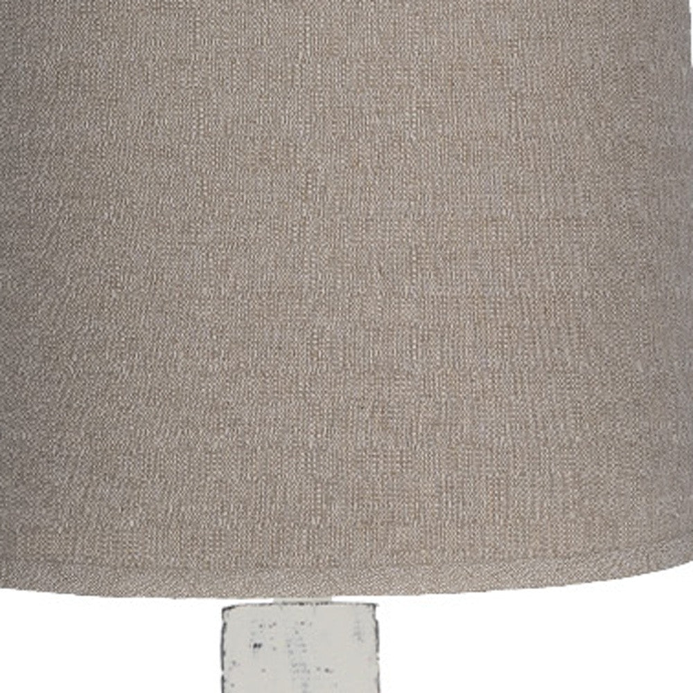 Distressed White Table Lamp With Neutral Fabric Shade