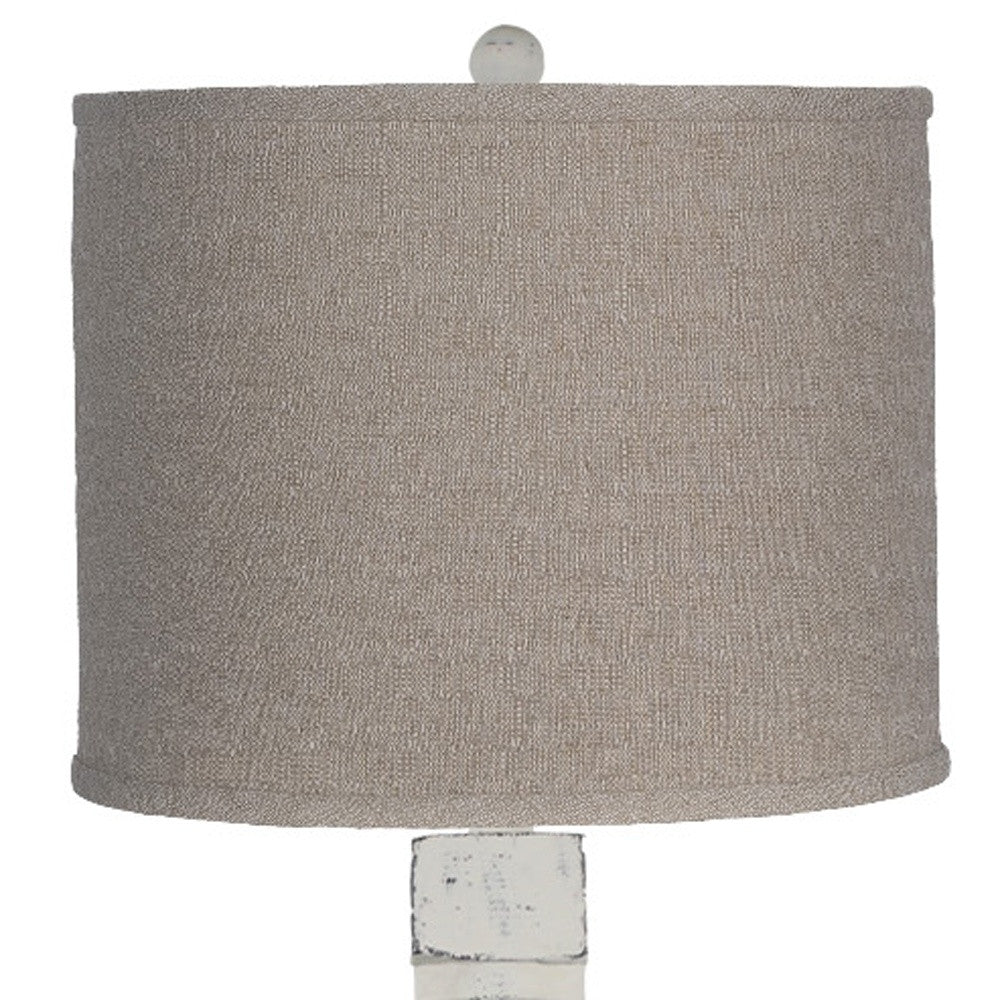 Distressed White Table Lamp With Neutral Fabric Shade